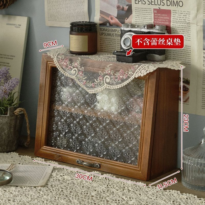 木質桌面展示櫃 收納盒, 翻蓋小號復古色柜子 海棠花玻璃