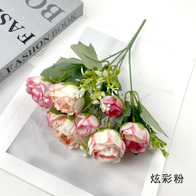 歐式5頭牡丹花束 婚禮手捧花道具 家居裝飾假花 攝影花藝, 炫彩粉, 1個