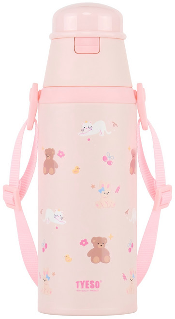 泰碩 旺德蘭童趣水壺470/600ml 316不鏽鋼雙層保溫杯 附背帶兒童雙飲吸管保溫杯 學生便攜安全鎖按鍵開蓋保溫杯, 粉紅色, 1個, 470ml