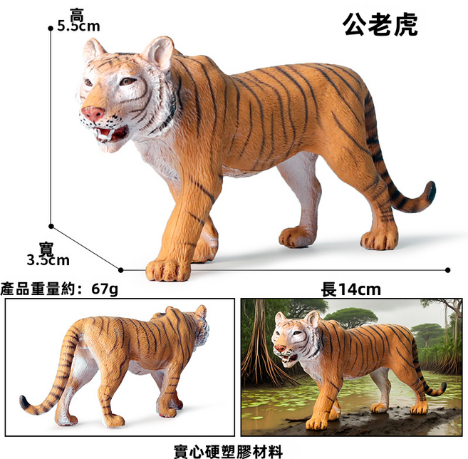 仿真實心動物模型玩具家禽動物套裝金毛犬山羊公雞馬豬牛擺件, 1個, 公老虎:1503