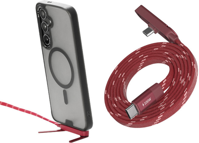 【GS 3C】亞果元素 iLinio 磁吸自動收線 USB-C 100W 快速充電線 可當支架 L型 充電傳輸線 扁線 編織 不打結, 紅色, 1個, 120cm
