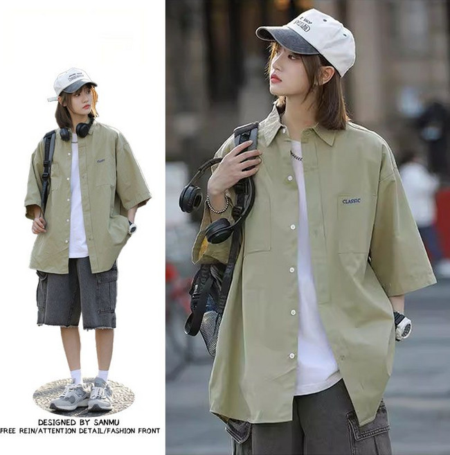 短袖襯衫 日系休閒 寬鬆 夏季薄款 工裝風格, 1個, CS綠色2XL 建議145-160斤