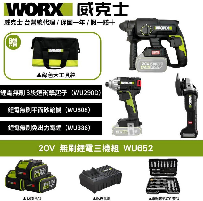 WORX 20V 無刷鋰電三機組 WU652, 1個