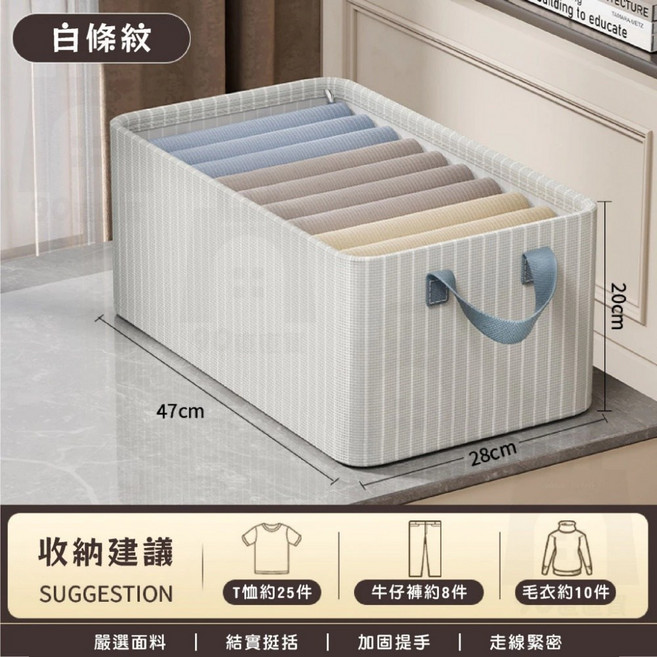 陽離子收納盒 噴塑鋼架款 47x28x20cm, 白條紋, 1個