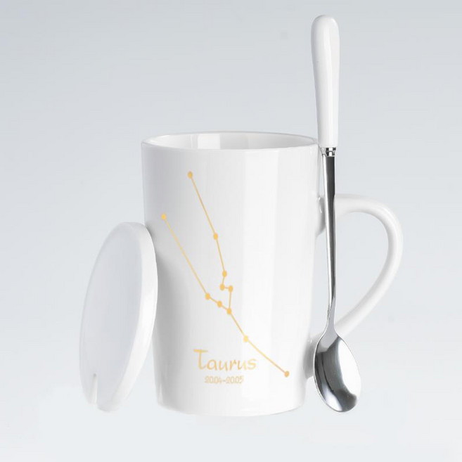 DIU 創意黑真金星座杯馬克杯 咖啡杯陶瓷杯帶蓋勺家用辦公室水杯杯子, 1個, 金牛座(白):301-400ml