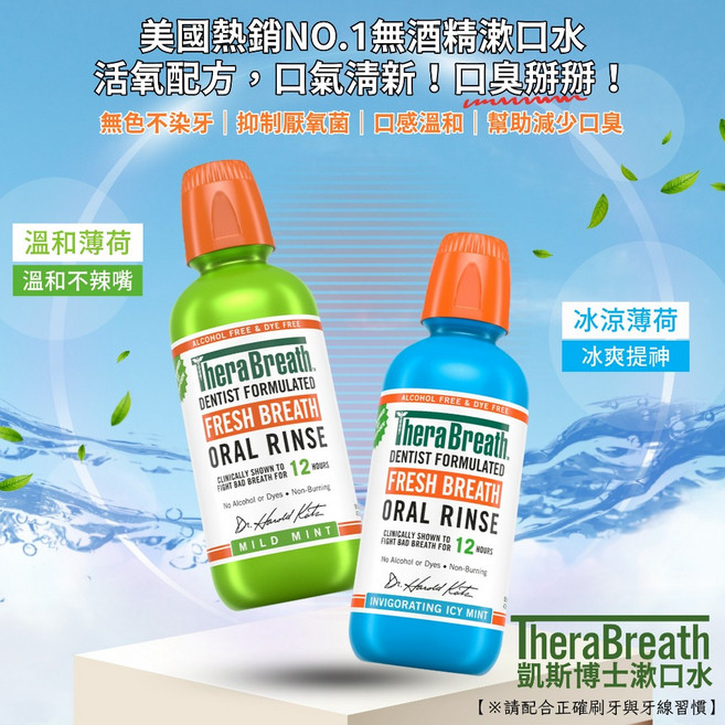 TheraBreath 凱斯博士 漱口水 美國熱銷NO.1無酒精口氣清新漱口水, 1個, 冰涼薄荷1000ml-藍瓶2029