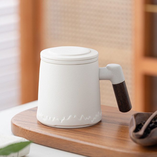陶瓷茶水分離杯 實木握柄 400ml, 白 山語陶瓷杯 安全裝, 1套