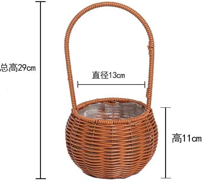 藤編手提花籃 花藝手工編織 客廳擺件 田園風格, 1個, 小圓鼓肚