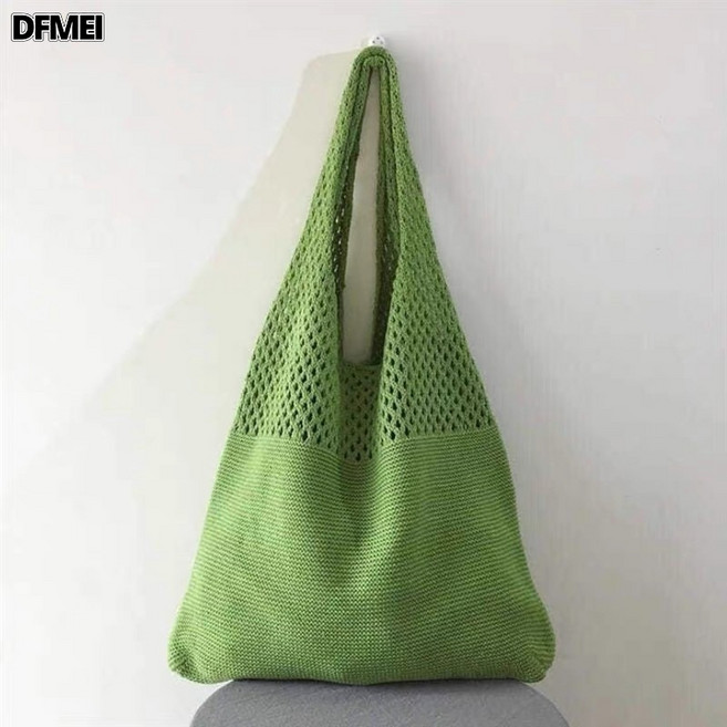 DFMEI 草編包海灘黑條紋新款休閒夏天單肩包時尚托特百搭包女士揹包, 正反針洞洞-綠色