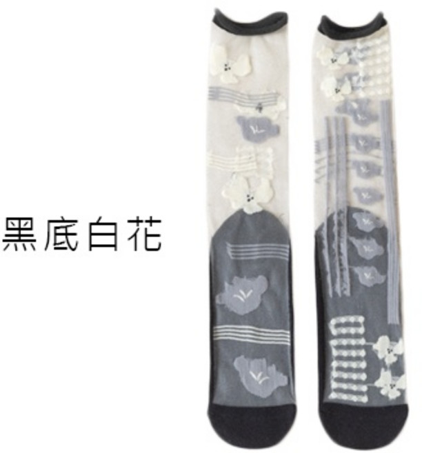 OT SHOP 女款玻璃襪 中筒襪 捲邊襪口 刺繡圖案襪子 M1209