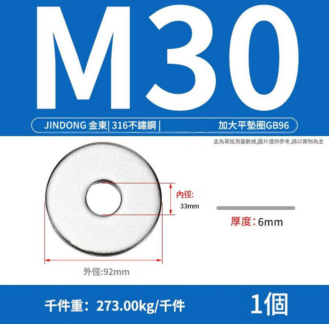 JINDONG 金東 M1.6 304不銹鋼平墊圈 500個 GB97, M301個316 GB96, 1個