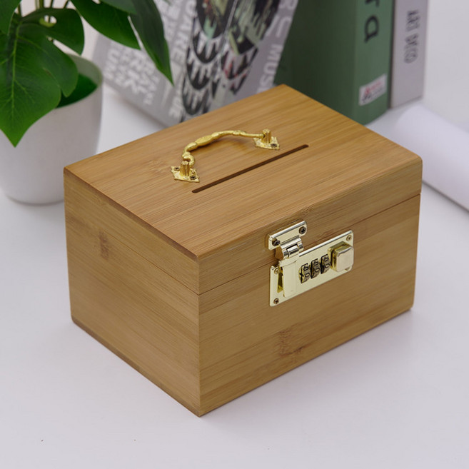 密碼鎖存錢筒成人百寶箱木製家用儲蓄罐木兒童簡約家居原木收納盒, 1個, 竹木色無包邊:小號15X9.5X9.5CM