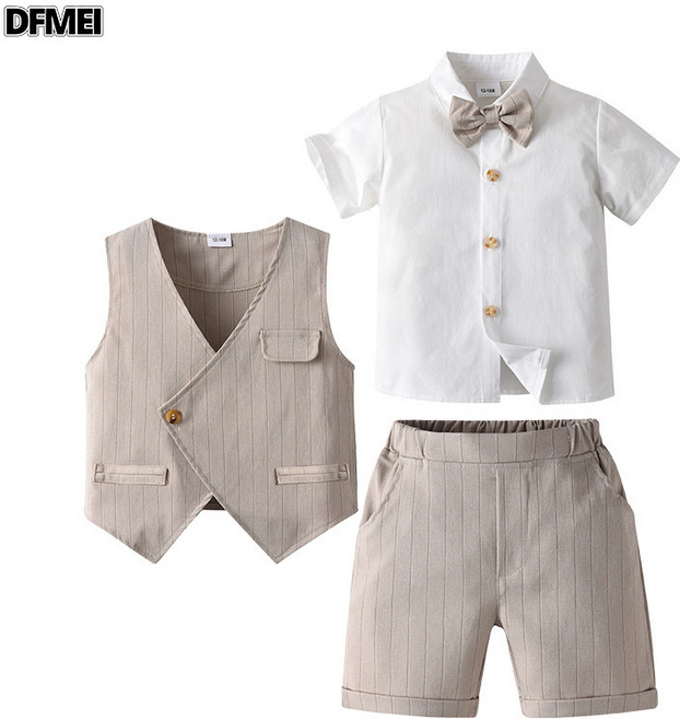DFMEI 新款短袖短褲馬甲三件套兒童服裝寶寶風洋氣禮服夏季男童套裝