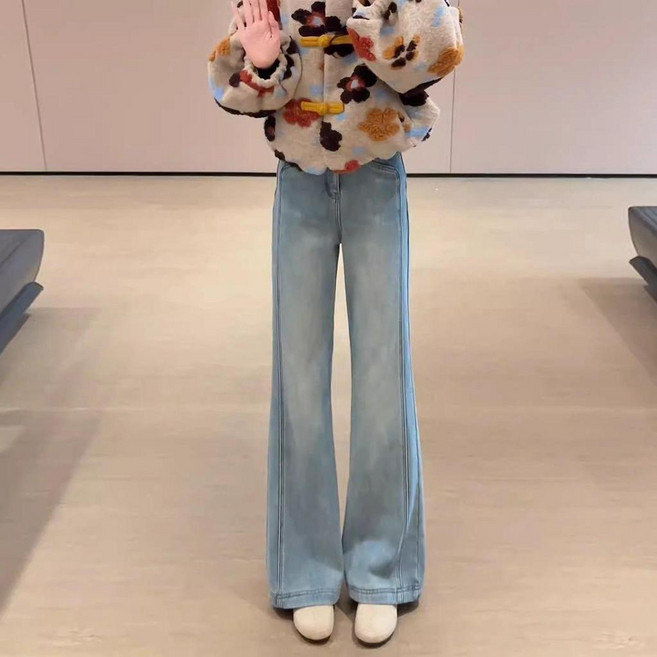 淺藍高腰闊腿微喇牛仔褲女2026春季新款不貼腿顯瘦垂感直筒喇叭褲 副廠商品