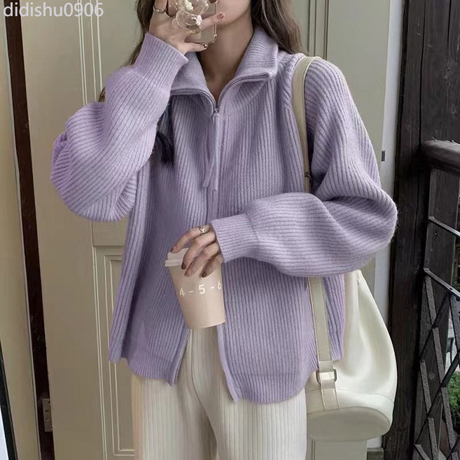 紫色翻領拉鍊針織開衫外套 秋冬季新款女洋氣外穿毛衣