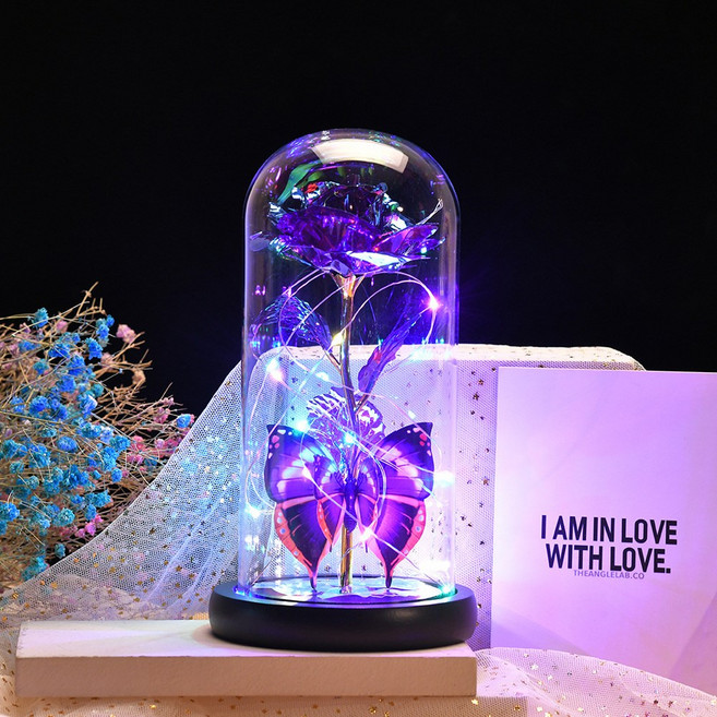 金箔玫瑰花燈罩小夜燈 情人節禮物場景佈置永生花裝飾擺件, 1件, 紫色:9cm