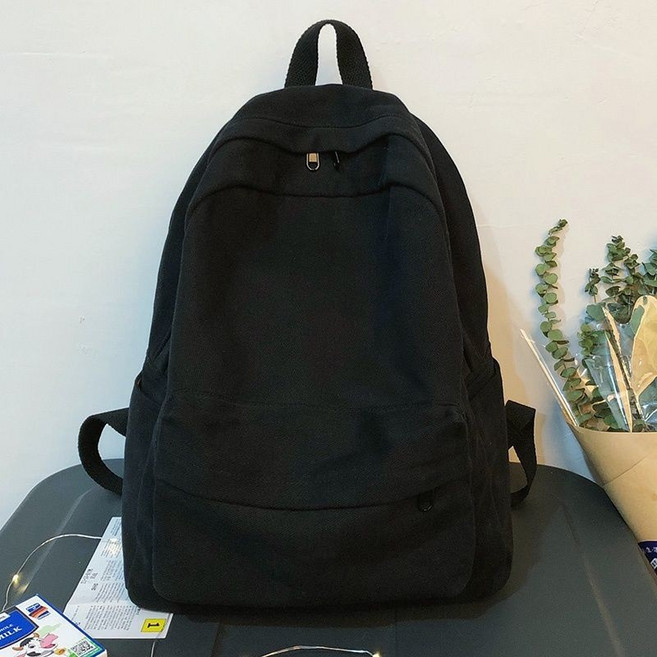 簡約帆布後背包 高中生大學生女用雙肩包, 纯色双背黑色普通款, 黑色, 纯色双背