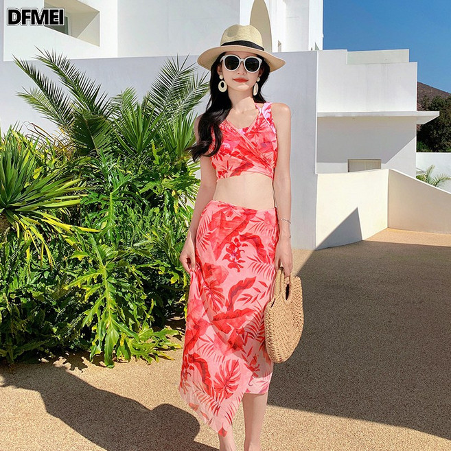 DFMEI 比基尼游泳衣女分體三件套保守顯瘦遮肚韓國性感bikini泳裝, S適合80-90斤