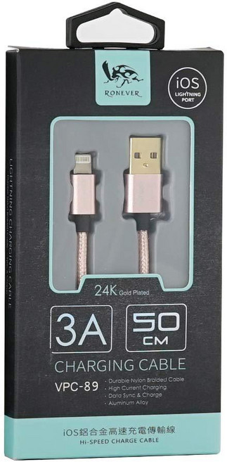 RONEVER 3A 50cm 鋁合金 Lightning 充電線 VPC-89, 1個, 充電線3A鋁合金50CM(ios玫金)