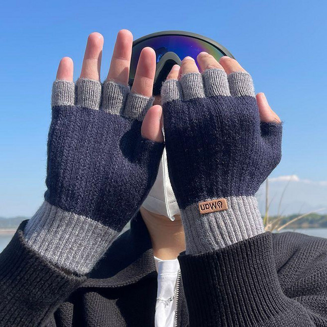 good 手套男露指冬季騎行加厚毛線漏指頭學生寫字針織保暖半截無指
