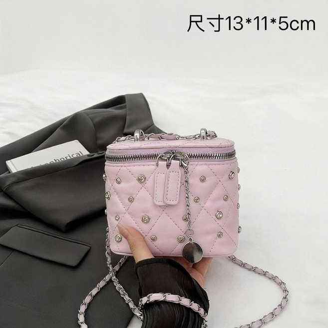 菱格鏈條斜挎小方包女, 粉紫色