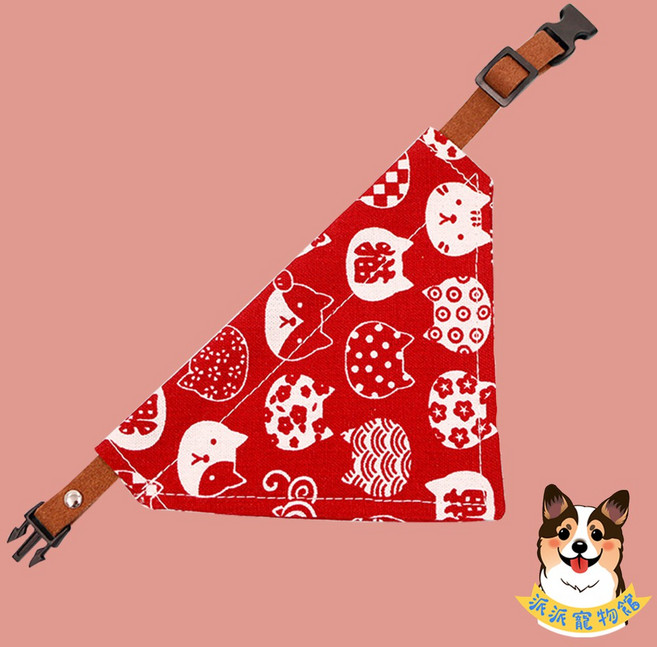 寵物領巾 狗狗領巾 貓咪領巾 柯基柴犬兔子三角巾 寵物項圈圍巾, 1個, 紅色和風貓 ,S