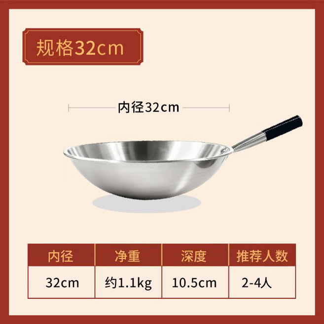 不銹鋼炒鍋圓底不粘鍋燃氣灶凹面電磁爐專用炒菜鍋, 1個, 圓底32CM無耳, 如圖所示1024