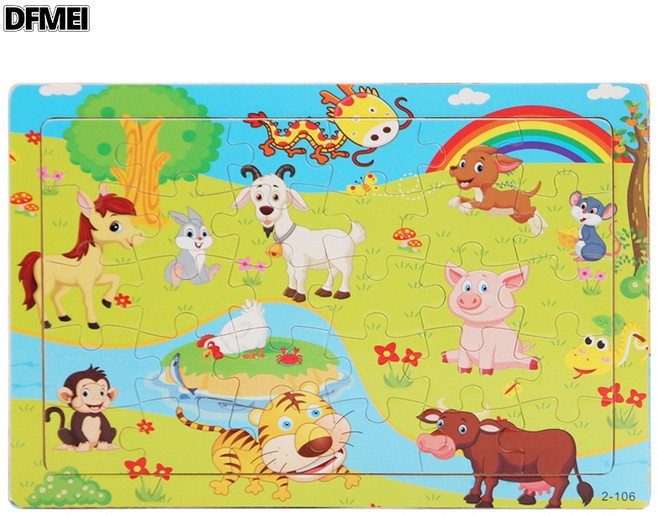 DFMEI 木質30片拼圖幼兒童卡通動物交通平面拼圖寶寶早教益智力開發玩具, 1個, 30片-農場動物:如圖