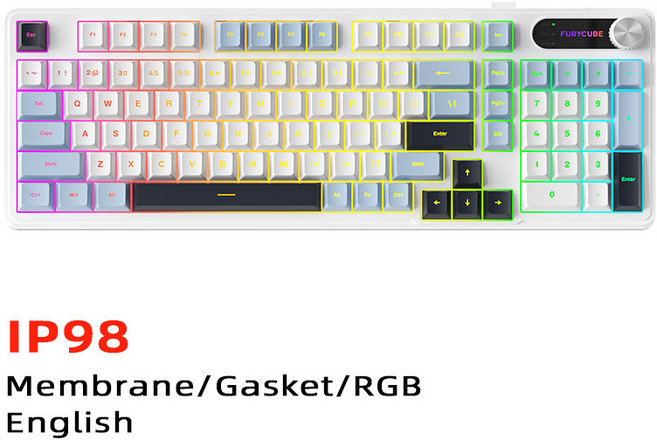 FURYCUBE IP98 Gasket RGB 鍵盤 (英), 98鍵/白+藍+藏青【三模有線+無線2.4g+藍牙】RGB, 藍牙無線機械鍵盤防水電競鍵盤, 98鍵