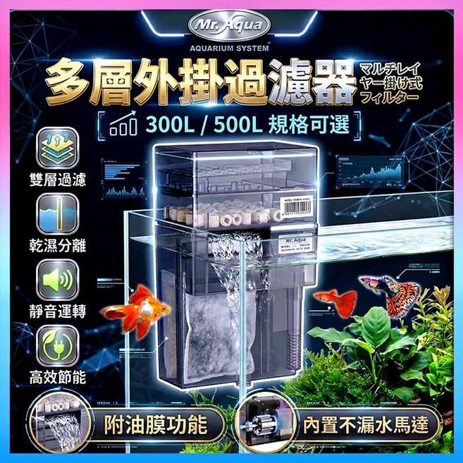 Mr. Aqua 多層外掛過濾器 300L/500L 規格可選 乾濕分離 靜音運轉, 1個, MR.超強力雙層外掛過濾器500L