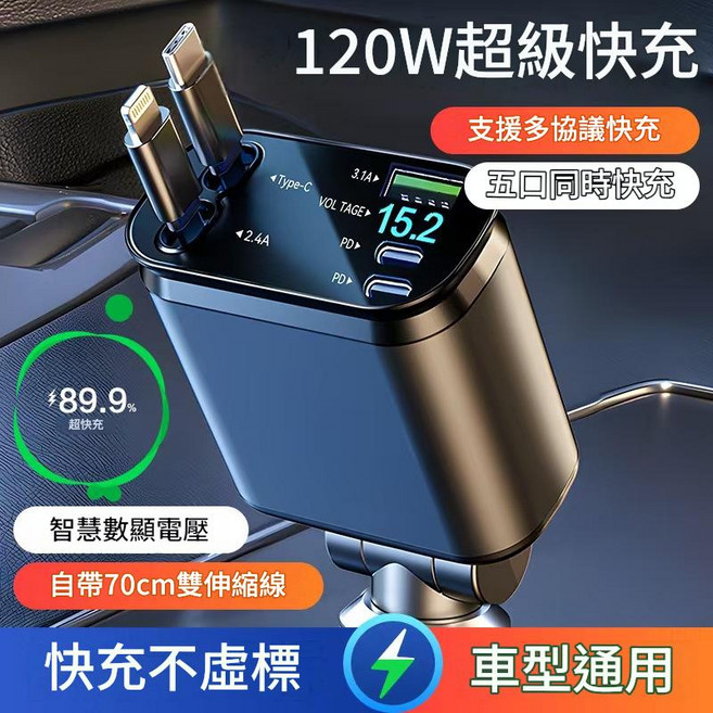 星空頂 120W 汽車充電器 支援多協議快充 伸縮線, 120W超級快充 TYPE - C + 蘋果雙伸縮線, 如圖