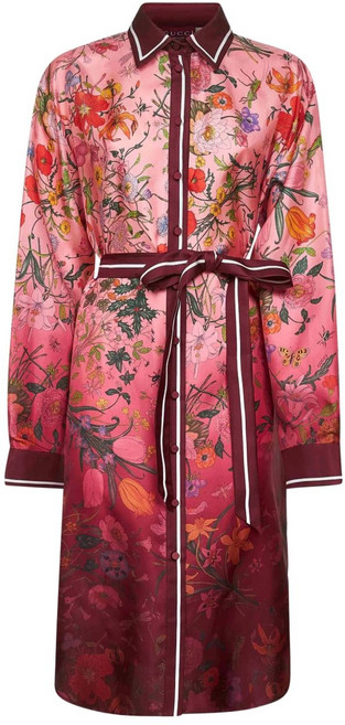 구찌 floral-print belted shirt dress
