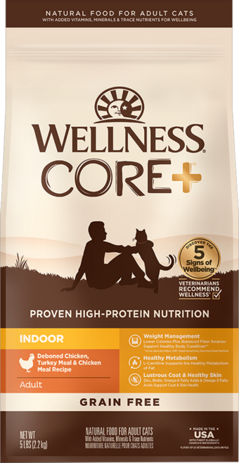 WELLNESS 寵物健康 CORE 室內貓乾飼料, 無穀新鮮雞肉, 5lb, 1袋