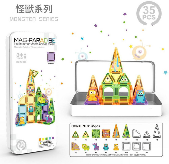 MAST MAESTRO 迷你心連心 42片 磁力積木 兒童益智拼裝玩具 鐵盒套裝, 3015怪獸35pcs 鐵盒裝, 1套