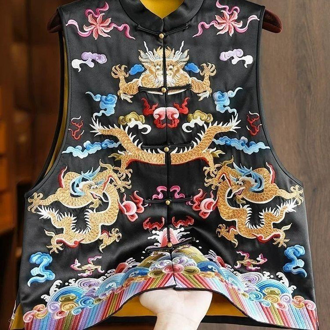 唐裝上衣 國風刺繡唐裝 龍紋刺繡馬甲 新中式馬甲 龍鳳呈祥馬甲, 黑色,M 建議42.5-52.5公斤