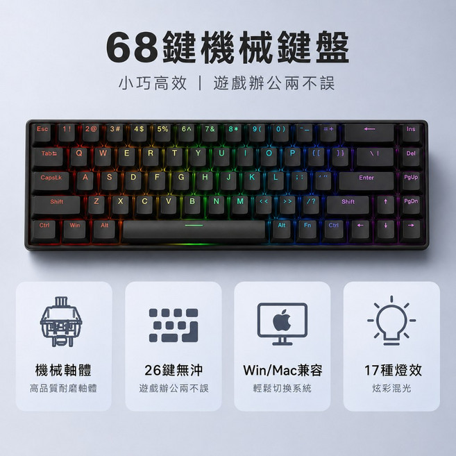 68鍵機械鍵盤 混光有線 支援Win/Mac, 【黑色】68鍵-26鍵無衝-青軸