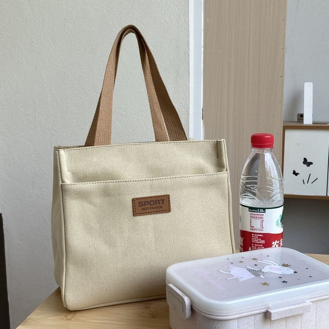 【現貨】加厚帆布手提包 便當袋 餐袋, 卡其色皮標手拎包, 1個