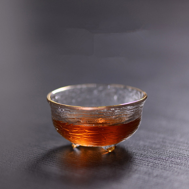 三足錘紋玻璃品茗杯 金邊小茶杯 功夫茶具, 1個, 金色,80ml