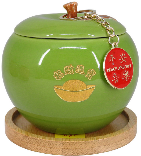 【168開運坊】小資族必備【陶瓷蘋果聚寶盆小 五色水晶 五帝錢 招財符 竹子底座】開光擇日, 綠色蘋果+聚寶盆+內容物+底座-要硃砂開光, 1個, 1套