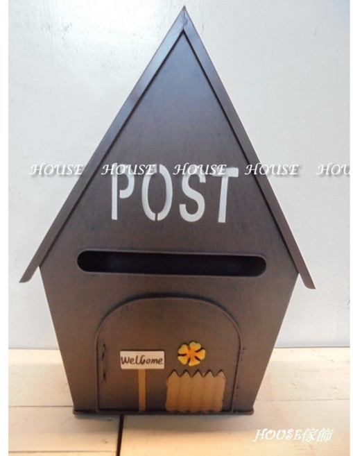 House傢飾館 鄉村風格 復古鐵皮彩繪花朵柵欄POST大屋型門牌信箱, 咖, 1個