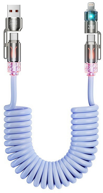 四合一彈簧快充線 240W Type-C伸縮 充電線 數據線 彈簧充電線 超級快充 筆電快充 車載充電 車用 自動收納不纏繞, 1個, 藍色, 2cm