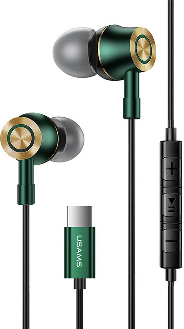 Type C 耳機 適用於 Xiaomi 小米 Redmi Pad 紅米 平板 入耳式 立體聲 金屬 Usams, 綠色, Type C耳機