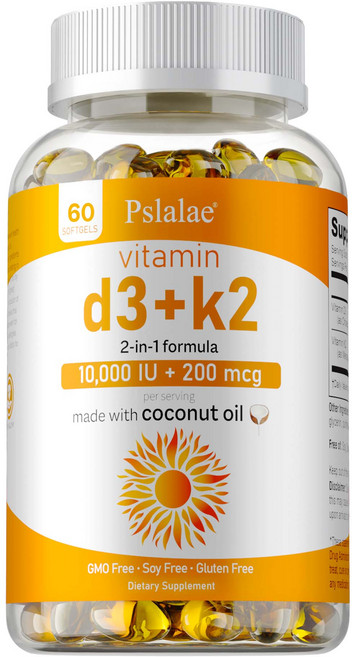 Pslalae 維他命 D3+K2 10 000 IU + 200 mcg 2合1配方GMO Free Soy Free Gluten Free, 60組