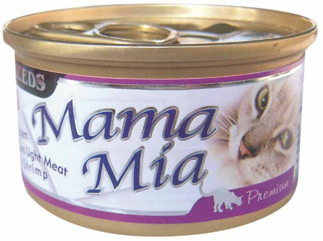 Mama Mia 貓罐頭 85公克 鮮嫩肉+鮮蝦 Premium, 85g, 24個, 雞肉+白身鮪魚+鮮蝦