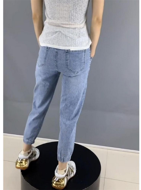 牛仔褲女 韓版寬鬆 鬆緊腰 束腳 九分 哈倫老爹褲