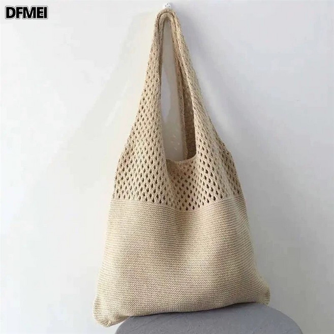 DFMEI 草編包海灘黑條紋新款休閒夏天單肩包時尚托特百搭包女士揹包, 正反針洞洞-米色