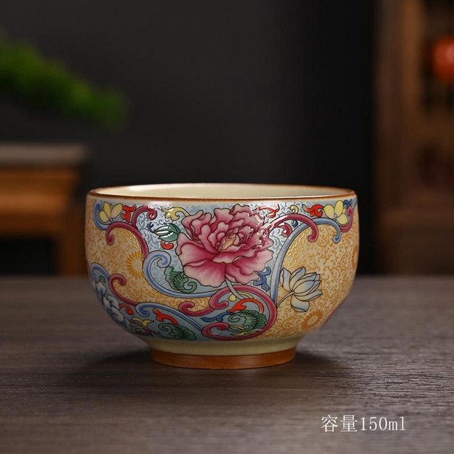 汝窯琺瑯彩開片主人杯茶杯 陶瓷禮品, 金絲牡丹禪定杯150ml 80 - 170ml, 1個