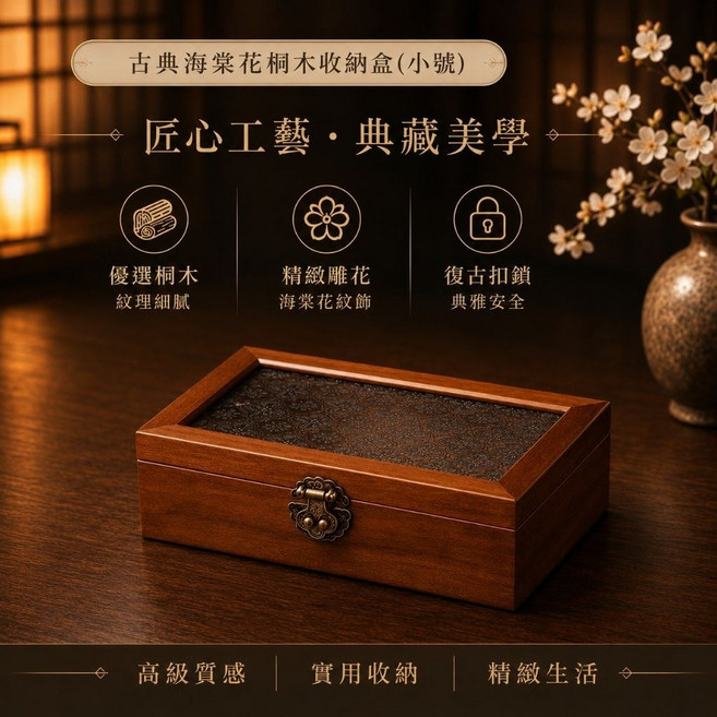 美麗佳人 木質海棠花玻璃蓋收納盒 飾品展示盒 復古質感, 1個, 04:松木小