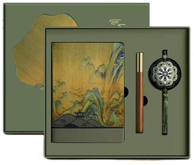 國潮古風千里江山絲綢手帳禮盒, 13020 - 綠 - 千里江山 絲綢本 木筆 香包 團扇 配禮盒禮袋, 1個