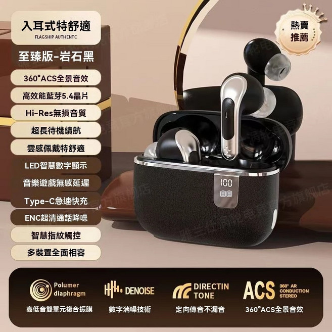 入耳式藍牙耳機 360度ACS全景音效 Hi-Res無損音質 藍芽5.4 無線藍牙耳機 Hi-Fi音質 半入耳式 降噪藍芽耳機 柏林之音 運動耳機, 旗艦版岩石黑入耳式